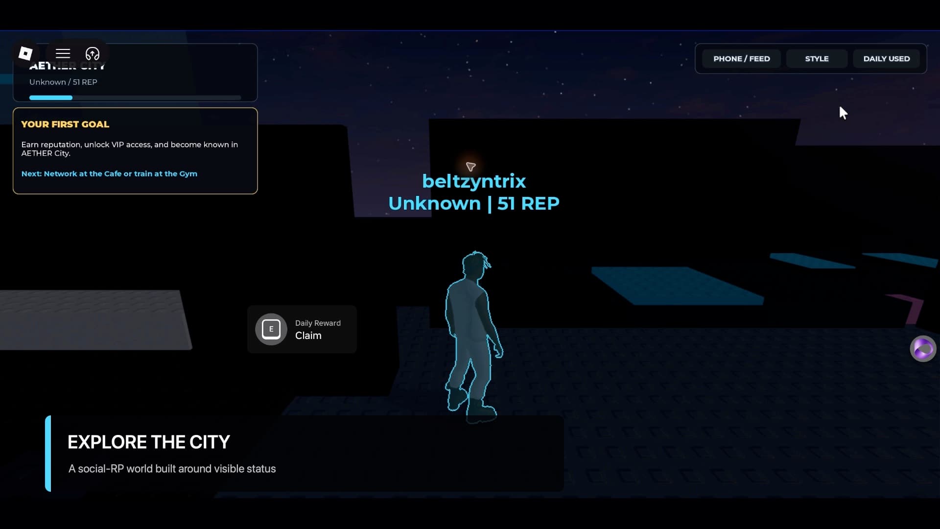 Aether City player exploring the neon city environment during a Roblox play-test