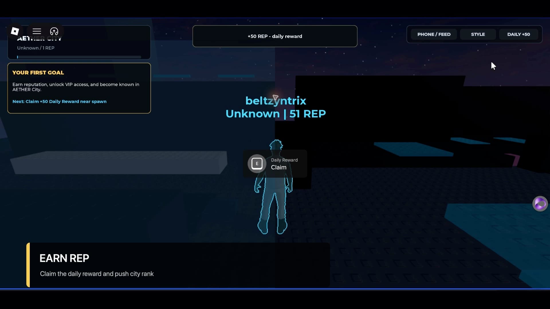 Aether City player using the daily reward system inside the city