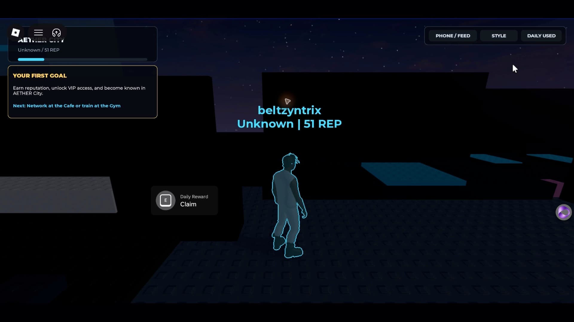 Aether City phone interface showing the social feed and city events