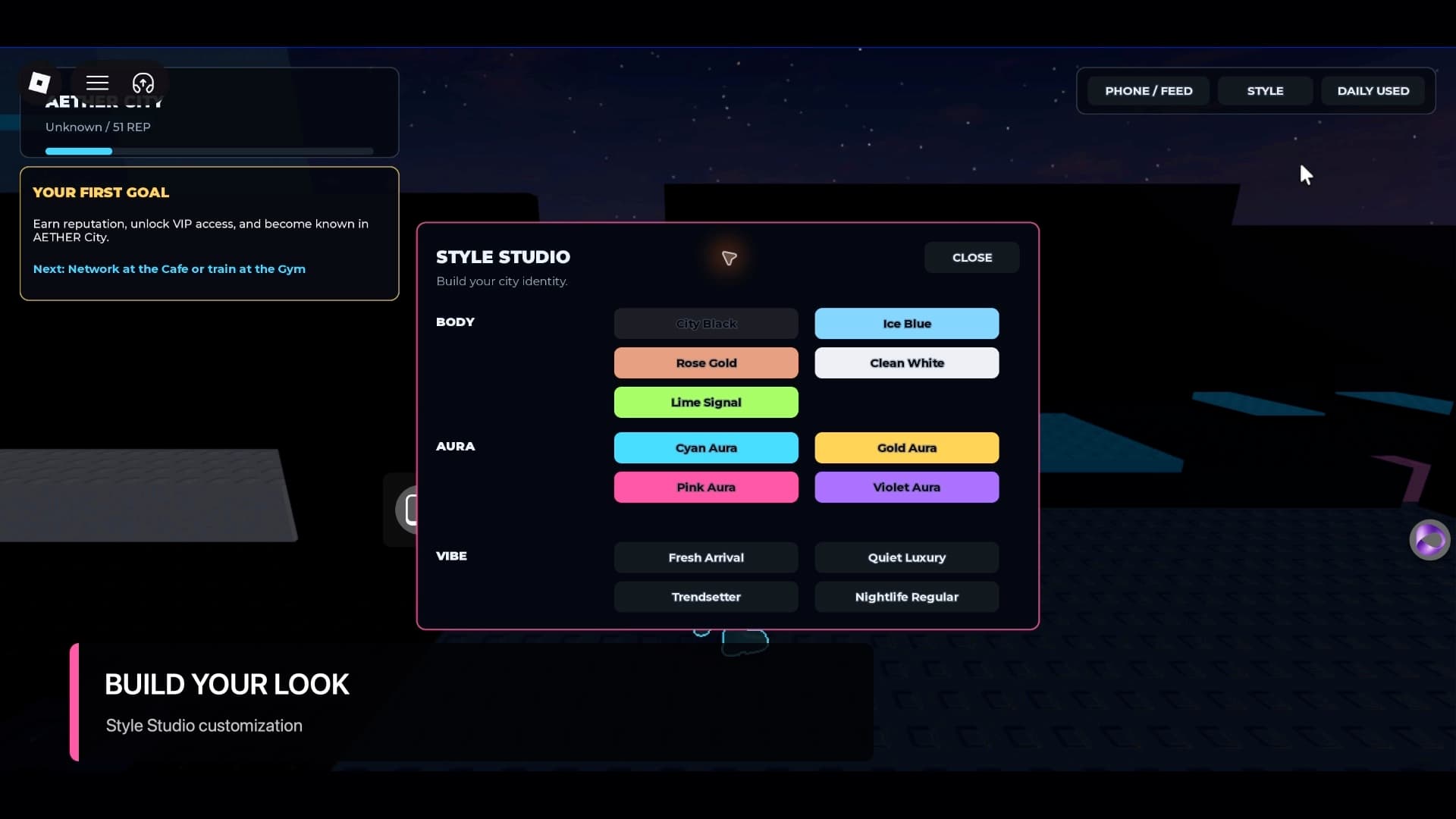 Aether City Style Studio interface with body, aura and vibe choices