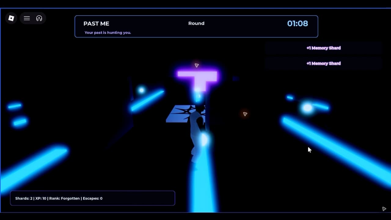 Past Me memory-horror environment with neon paths and a visible Memory Shard